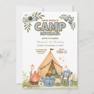 Convites Festa de Aniversário de Camping Azul Adorável Aven