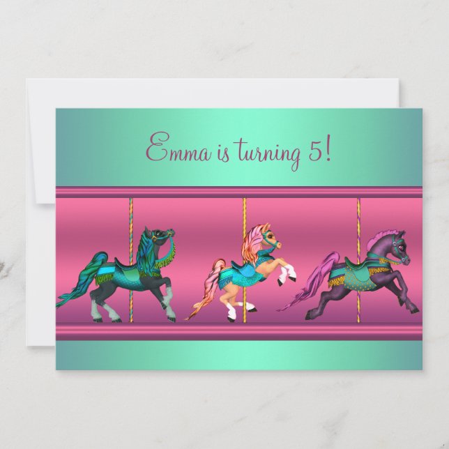 Convites Festa de aniversário de Carousel Pony rosa e Teal (Frente)