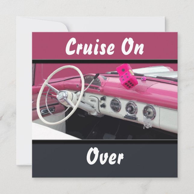 Convites Festa de Aniversário de Carro Antigo Rosa e Branco (Frente)