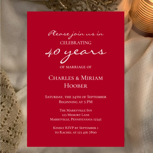 Convites Festa de Aniversário de Casamento do Elegante Pers (Easily customize this simple elegant ruby 40th anniversary party invitation template
)