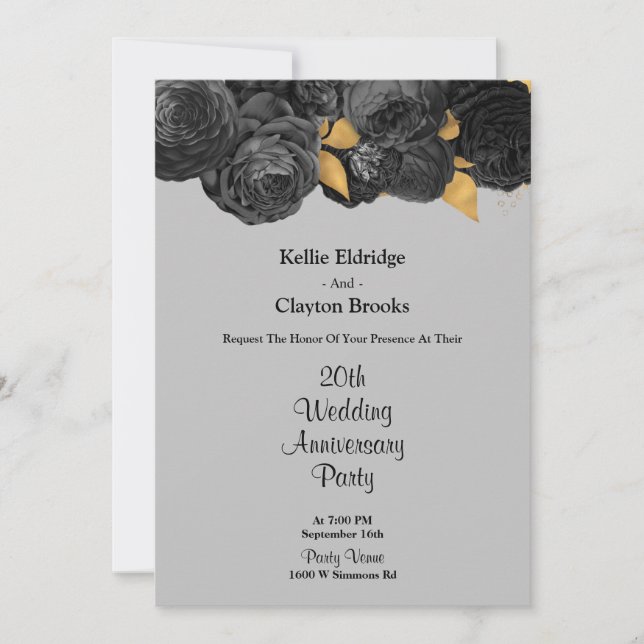 Convites Festa de Aniversário de Casamento Floral Preto e D (Frente)