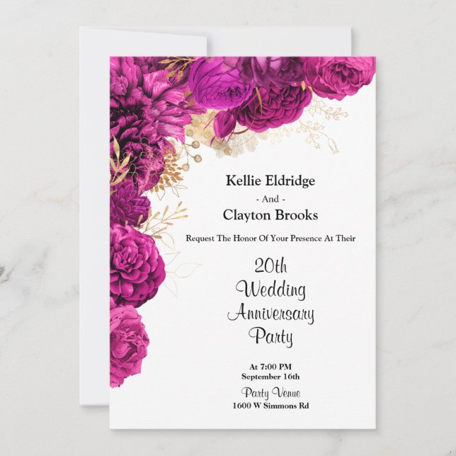 Convites Festa de Aniversário de Casamento Floral Rosa e Do (Frente)