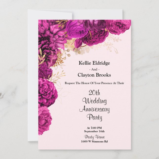 Convites Festa de Aniversário de Casamento Floral Rosa e Do (Frente)