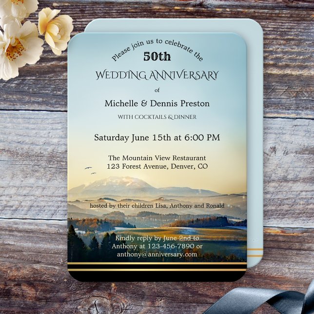 Convites Festa de Aniversário de Casamento nas Montanhas Pi (Elegant wedding anniversary invitation featuring a pretty painted mountain landscape scene)