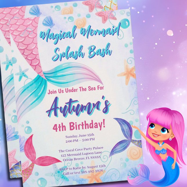 Convites Festa de aniversário de cauda da Sereia Púrpura Ro (Mermaid Splash Bash Birthday Invite for an Under the Sea Party that will be unforgettable )