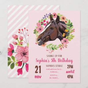 Convites Festa de Aniversário de Cavalo Cowgirl Floral Rosa