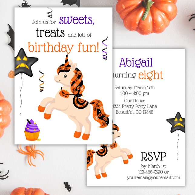 Convites Festa de aniversário de Cavalo das Bruxas (Cute Halloween Horse Unicorn Birthday Party Invitation)