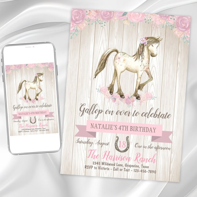 Convites Festa de aniversário de Cavalo de Aquarela (Cute pony birthday party invitation. Instant download and printed invitations available.)