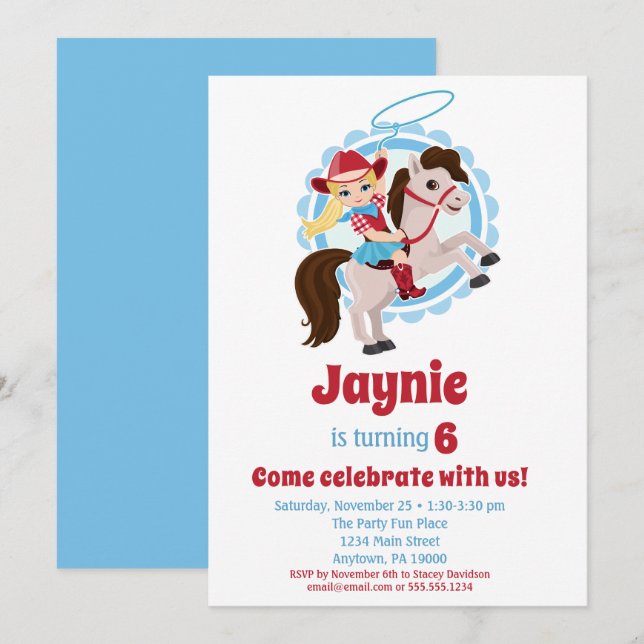 Convites Festa de aniversário de Cavalo de Cowgirl loira (Frente/Verso)