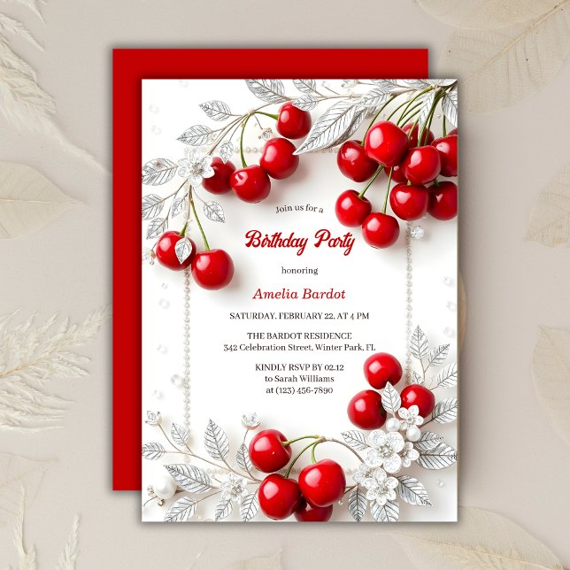 Convites Festa de aniversário de Cereja Floral Vermelha Ele (Elegant Silver Floral Red Cherry Birthday Party Invitation)