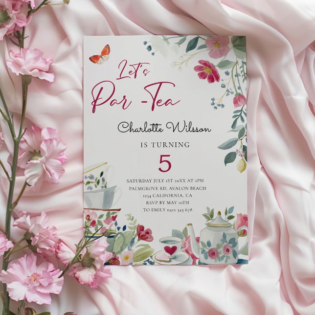 Convites Festa de Aniversário de Chá com Flores Desenhadas  (Whimsical hand-drawn tea Party Birthday Invitationin charming Dolce Vita style )