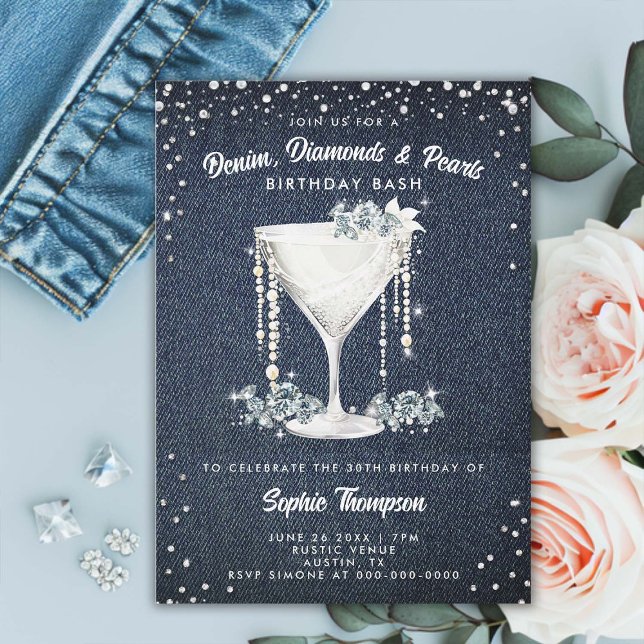 Convites Festa de aniversário de Champanhe de Ouros Denim (denim diamonds pearls birthday party invitation card elegant classy champagne bling glam glitz spark)