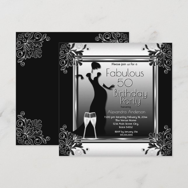 Convites Festa de aniversário de champanhe preto-branco Art (Frente/Verso)