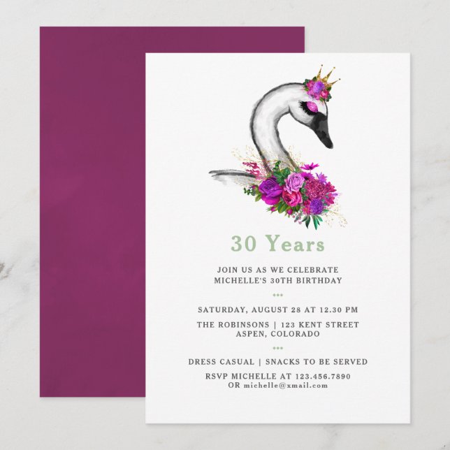 Convites Festa de Aniversário de Cisne Floral em Aquarela p (Frente/Verso)