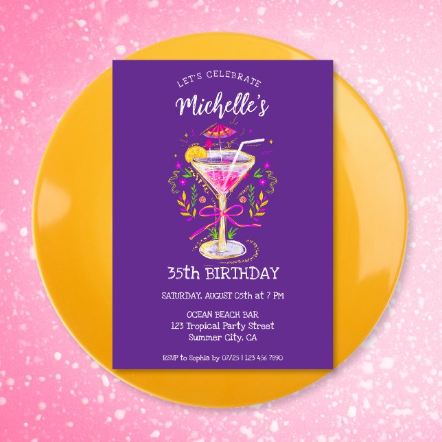 Convites Festa de aniversário de Cocktail de Adultos Simple (whimsical colorful glitter cocktail birthday party invitation)