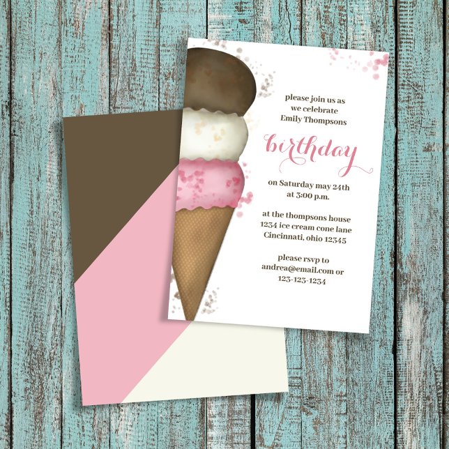 Convites Festa de aniversário de Cone de Sorvete de Aquarel (Ice cream birthday party invitations)