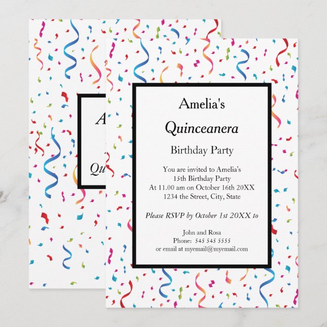 Convites Festa de aniversário de confete branco Quinceanera (Frente/Verso)