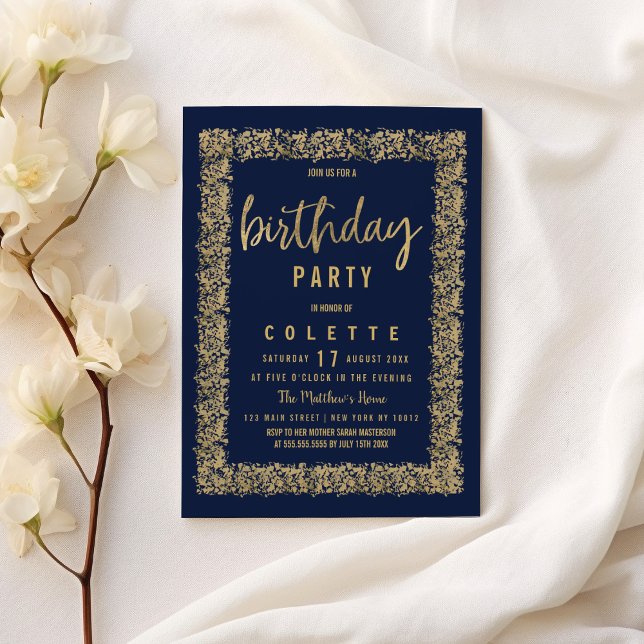 Convites Festa de aniversário de confete ouro azul simples  (Simple navy blue gold confetti Birthday Party )