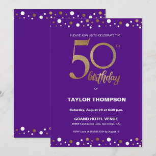 Convites Festa de aniversário de Confetti Dourado Púrpura