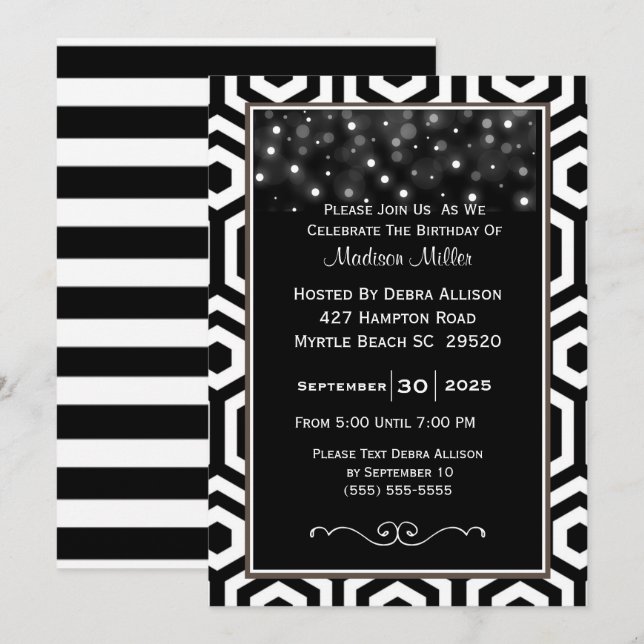 Convites Festa de aniversário de Confetti Preto e Branco (Frente/Verso)