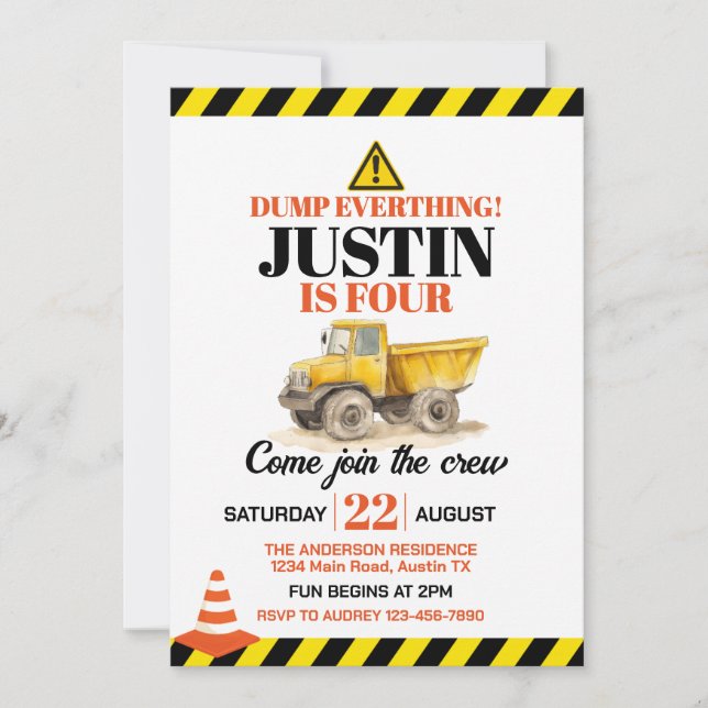 Convites Festa de Aniversário de Construção Fofa para Qualq (Frente)