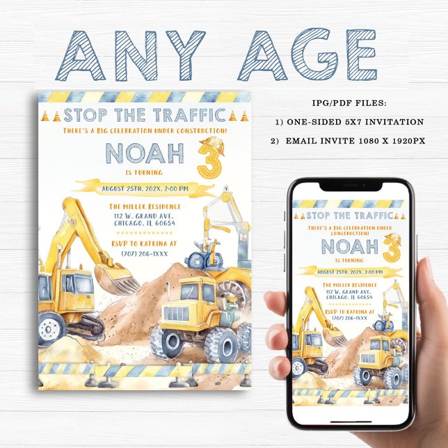 Convites Festa de aniversário de Construção Moderna Editáve (Criador carregado)