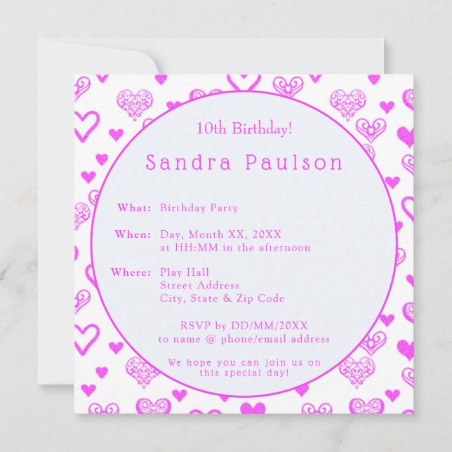 Convites Festa de aniversário de Corações Rosa Decorativo E (Frente)