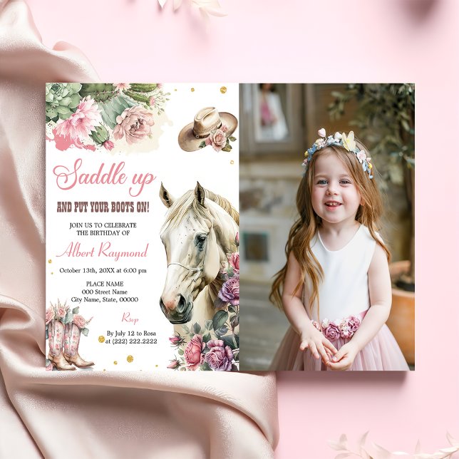 Convites Festa de aniversário de cowboy ocidental rosa rode (Criador carregado)