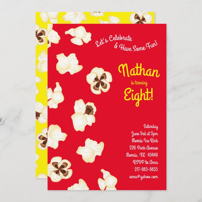 Convites Festa de Aniversário de criança de Cinema Popcorn (Frente/Verso)