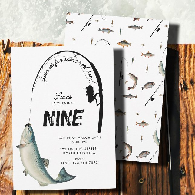 Convites Festa de Aniversário de criança de Diversão de Enr (Fishing Fish Theme Reel Fun Kids Birthday Party Invitation)