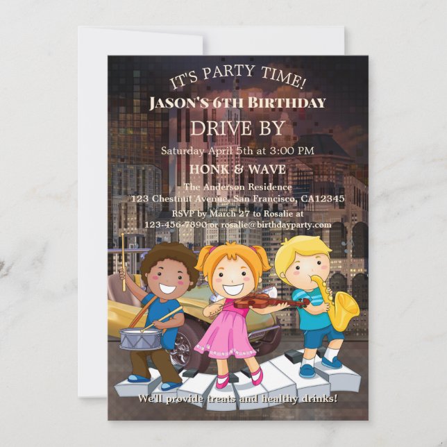 Convites Festa de Aniversário de criança de Música Drive By (Frente)