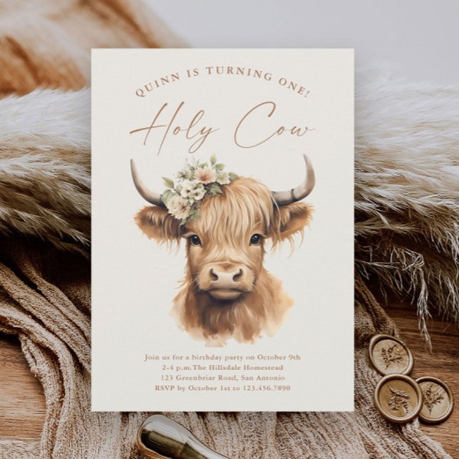 Convites Festa de Aniversário de criança de Vaca Boho Highl (Boho highland cow kids girls first birthday party invitations.)