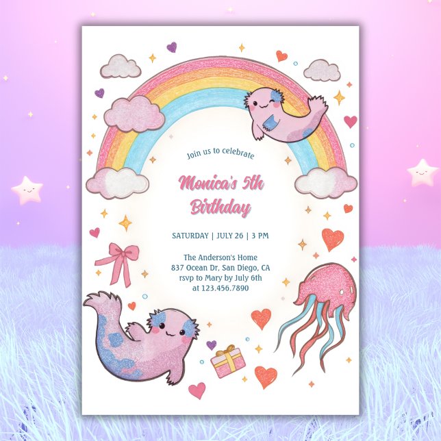Convites Festa de Aniversário de criança do Arco-Íris Axolo (Cute Axolotl Rainbow Birthday Invitation – Under the Sea Birthday Invite)