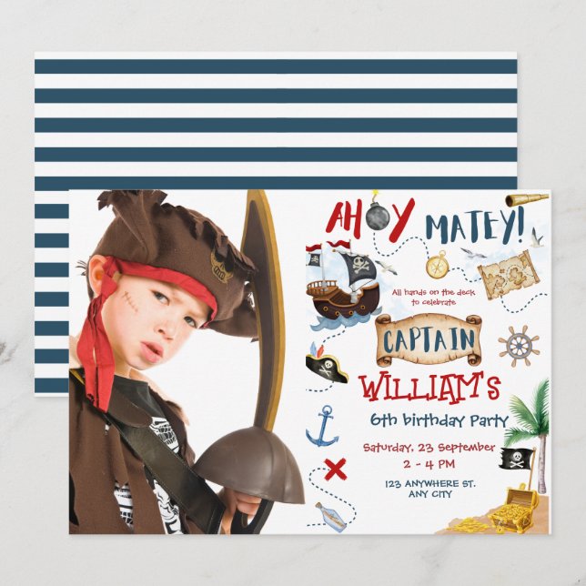 Convites Festa de aniversário de criança do Capitão Foto Pi (Frente/Verso)