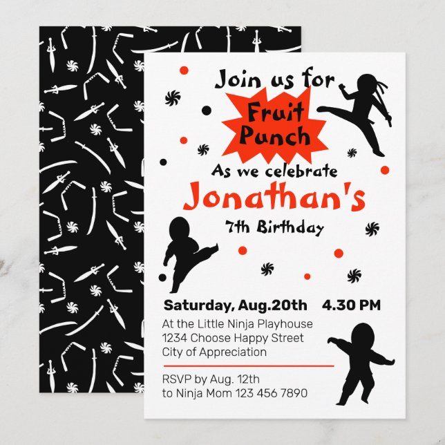 Convites Festa de Aniversário de criança do Guerreiro Ninja (Frente/Verso)