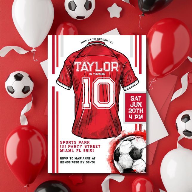 Convites Festa de Aniversário de criança do Red Soccer Spor (Red Soccer Sports Boy Jersey Kids Birthday Party Invitation)