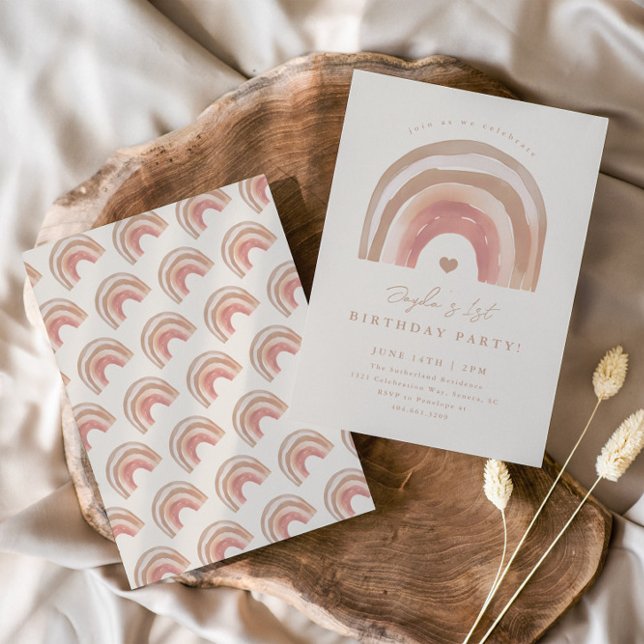 Convites Festa de Aniversário de criança Neutro do Boho Rai (Boho rainbow neutral kids birthday party invitation.)