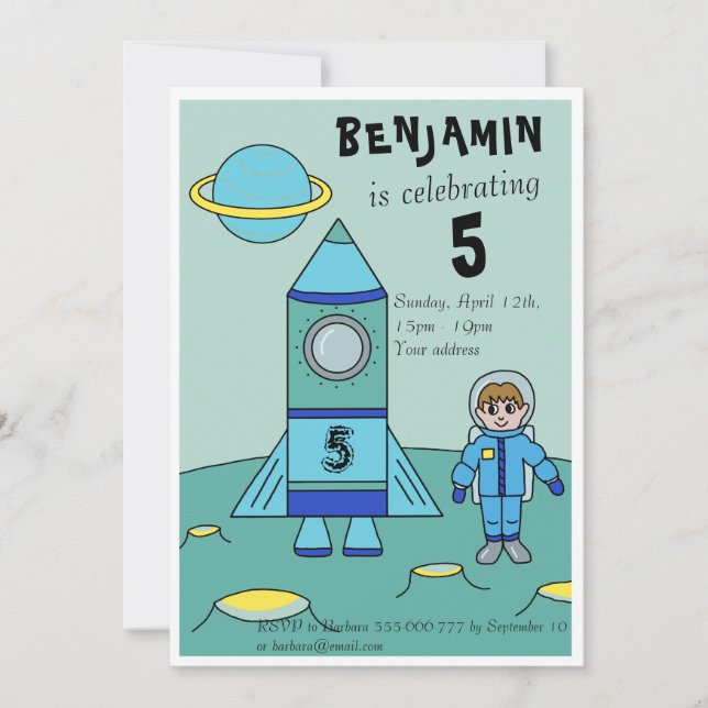 Convites Festa de Aniversário de Crianças Astronauta na Lua (Frente)