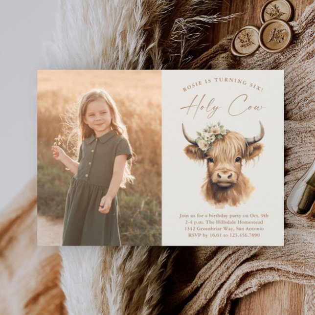 Convites Festa de Aniversário de Crianças com Vaca das Terr (Boho Highland Cow Kids Girls Photo Birthday Party Invitations.)