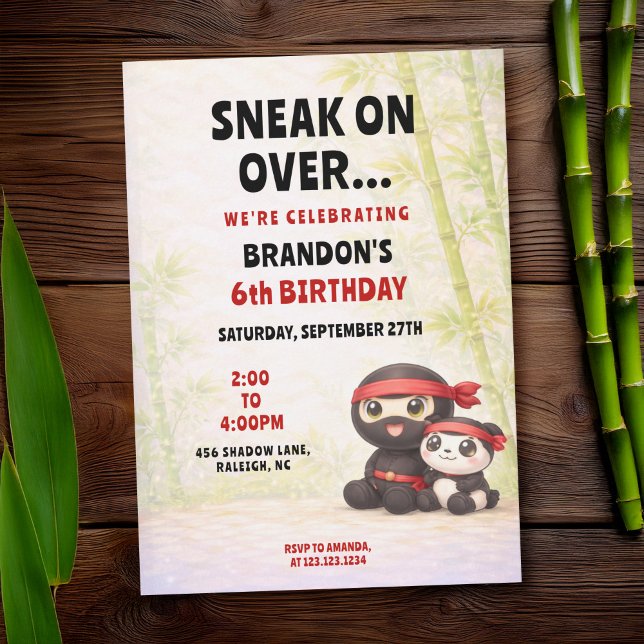 Convites Festa de Aniversário de Crianças Ninja & Panda Pas (Criador carregado)