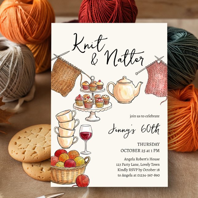 Convites Festa de Aniversário de Crochê e Conversa (Knit & Natter cozy knitting themed birthday invitation by Darling & May)