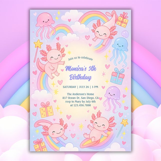 Convites Festa de aniversário de Cute Axolotl de Aventura S (Cute Axolotl Birthday Invitation Underwater Adventure Party Invite)