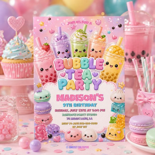 Convites Festa de Aniversário de Cute Rainbow Bubble Tea Sq (Cute Rainbow Sparkles Glitter Bubble Tea Squishies Girly Birthday Party Invitation Card)