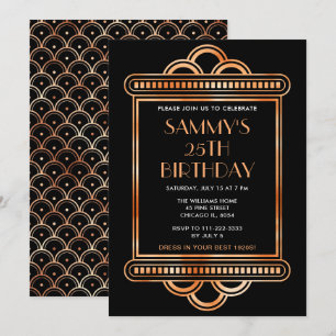 Convites Festa de aniversário de Deco de Arte Dourada e Neg