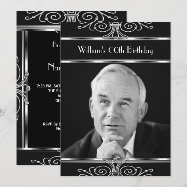 Convites Festa de aniversário de Deco de Prata Branca Preta (Frente/Verso)