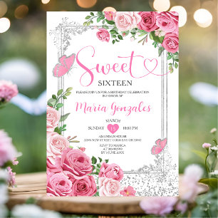 Convites Festa de Aniversário de Dezesseis Anos Menina Rosa