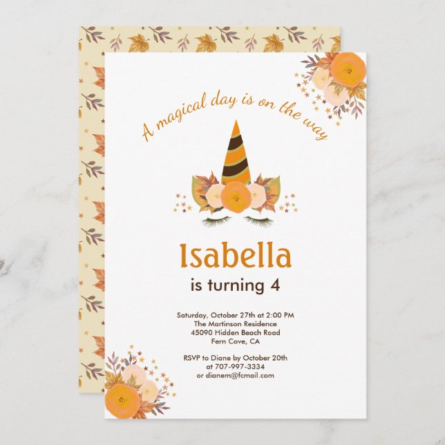 Convites Festa de aniversário de Dia das Bruxas do Unicórni (Frente/Verso)