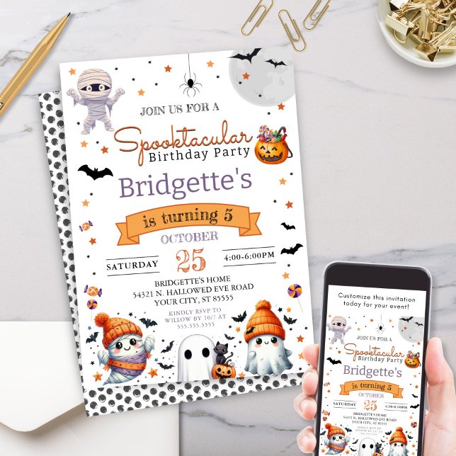 Convites Festa de aniversário de Dia das Bruxas Fantasma Sp (Cute spooktacular halloween theme birthday party invitation with cute ghosts mummy spider and candy)