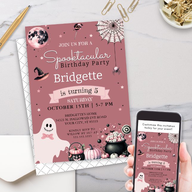 Convites Festa de aniversário de Dia das Bruxas Simples, Ro (Unique pink girly spooktacular halloween birthday party invitation for any age ghost pumpkins party)