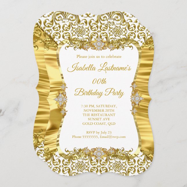 Convites Festa de aniversário de Diamante Branco Dourado co (Frente/Verso)